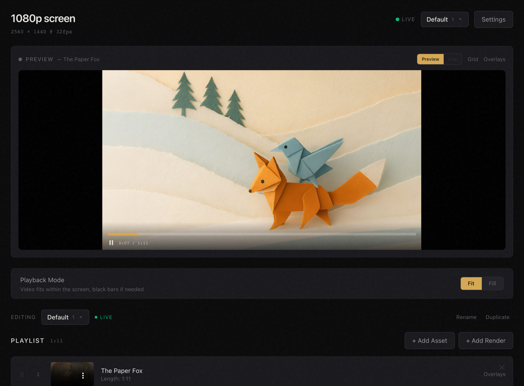 A screen's page in Implicit, showing what it plays, in order