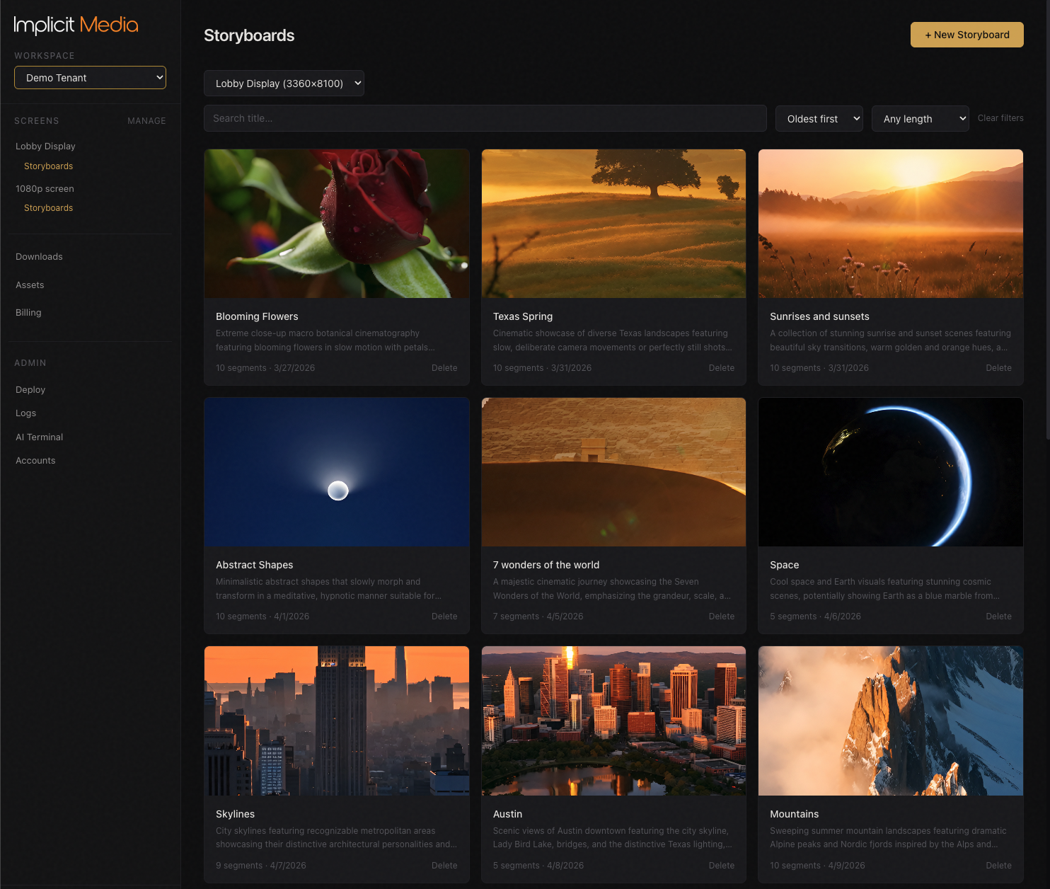 Implicit storyboards — a grid of generated video storyboards (flowers, landscapes, cityscapes, abstract motion) for a portrait lobby display